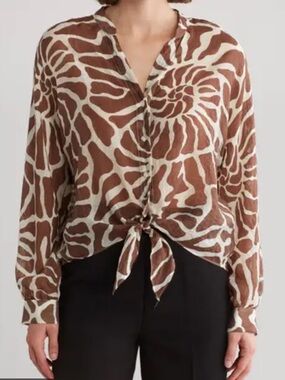 Halogen Brown and Cream Tie-Front Printed Button-Down Blouse